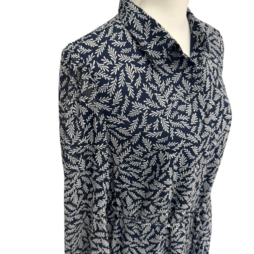LOFT Shirt Dress Long Sleeve Navy White Leaf Print Mini Flounce Swing Size M - Picture 7 of 11